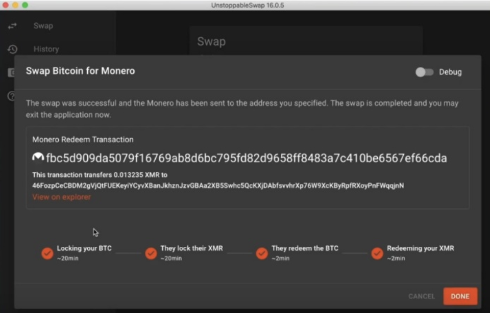 bitcoin-monero atomic swap successful