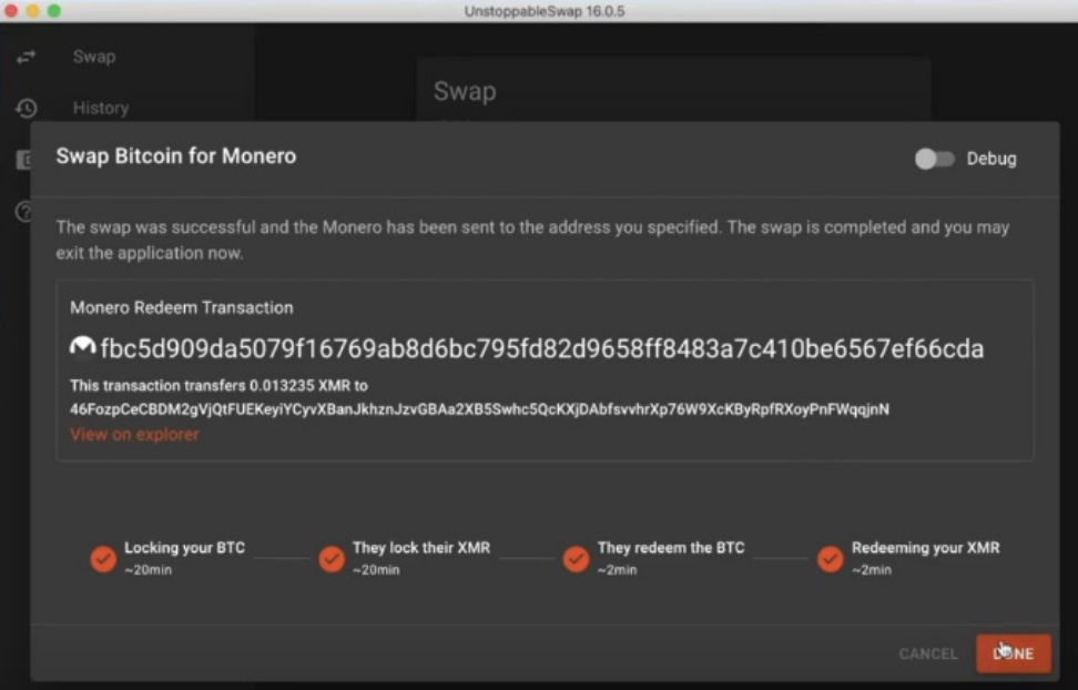 bitcoin-monero atomic swap completed