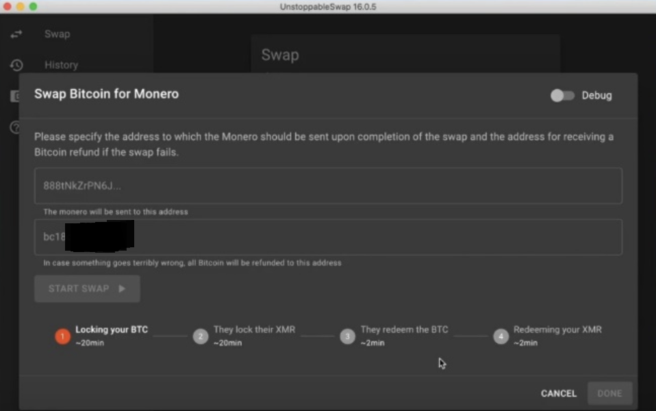 bitcoin-monero atomic swap input monero public address