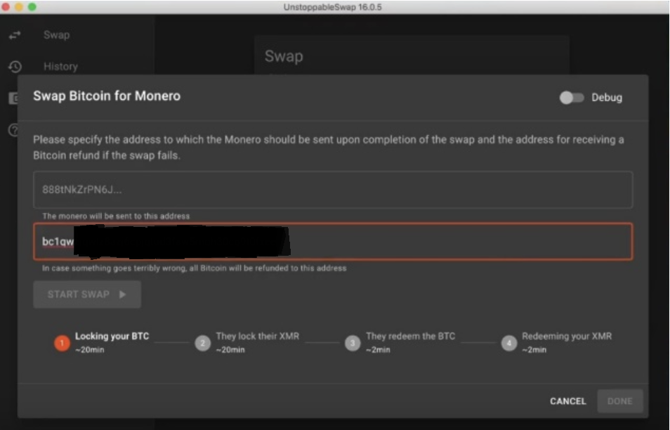 bitcoin-monero atomic swap scan qr code or copy code