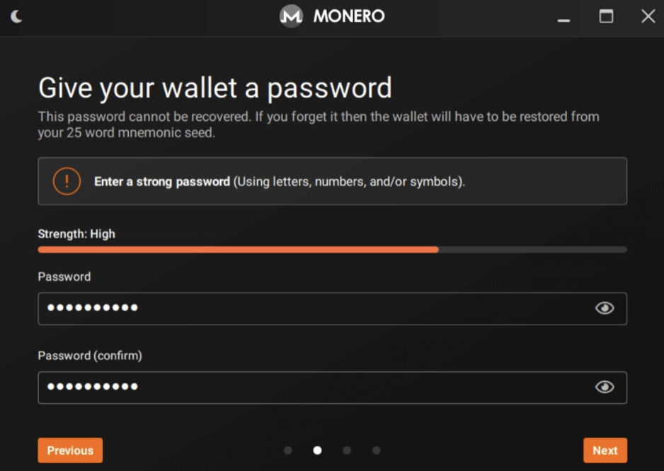 restore monero wallet - set password